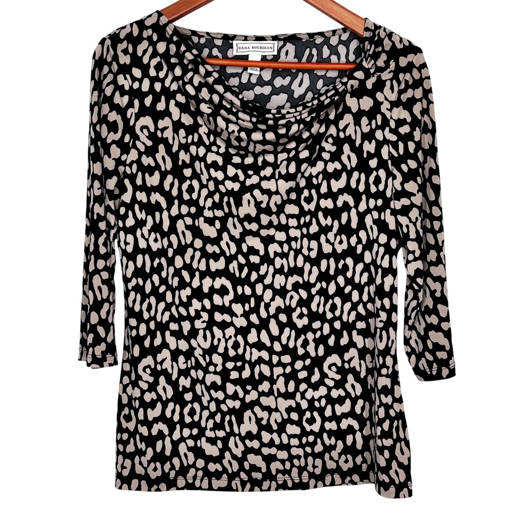 Dana Buchman Brown Animal Print Blouse Draped Neckline 3/4 Sleeve Size Medium